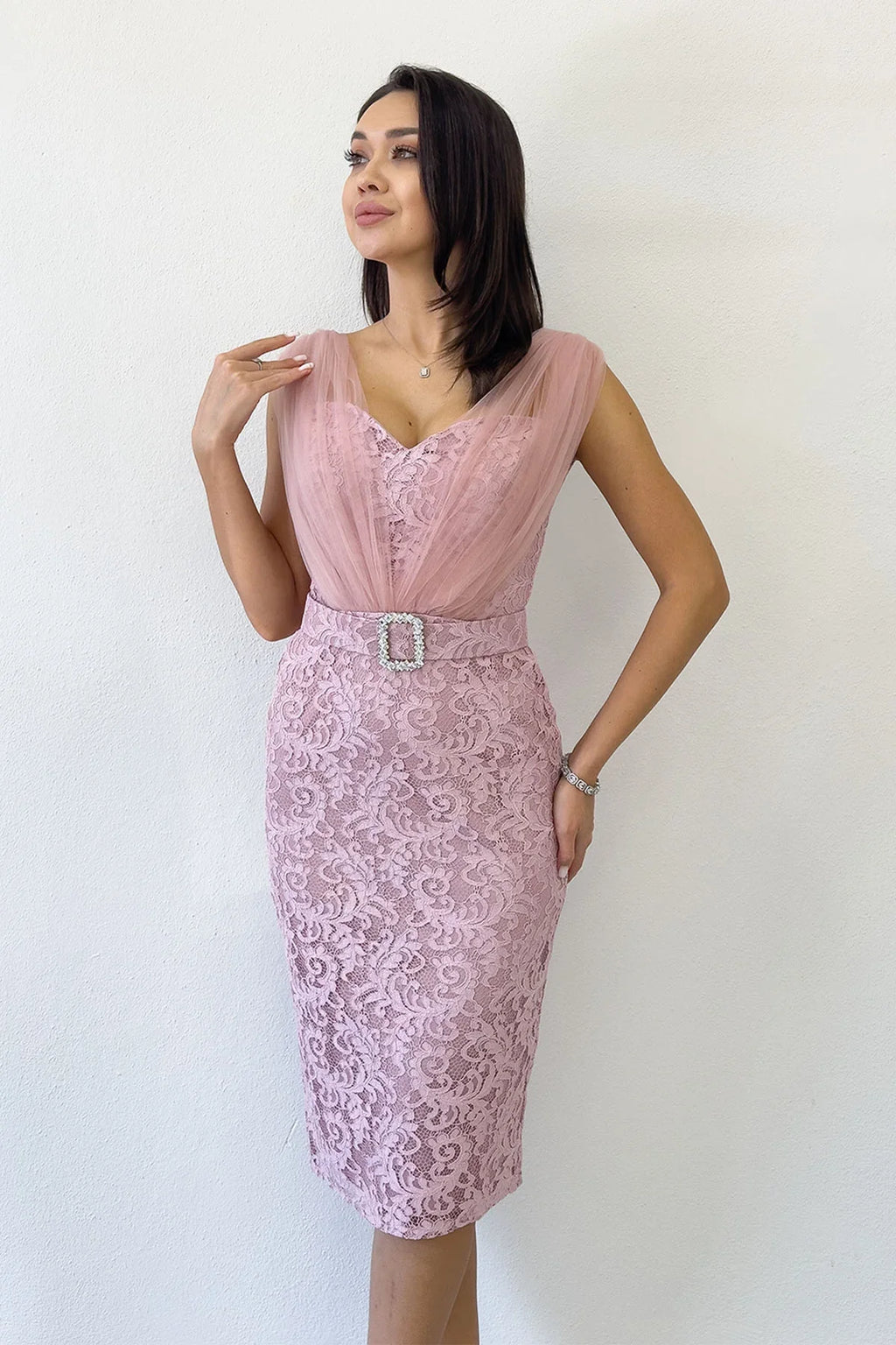 Pudra Dantel Kumaş Tül Detaylı Kemerli Midi Boy Abiye Elbise