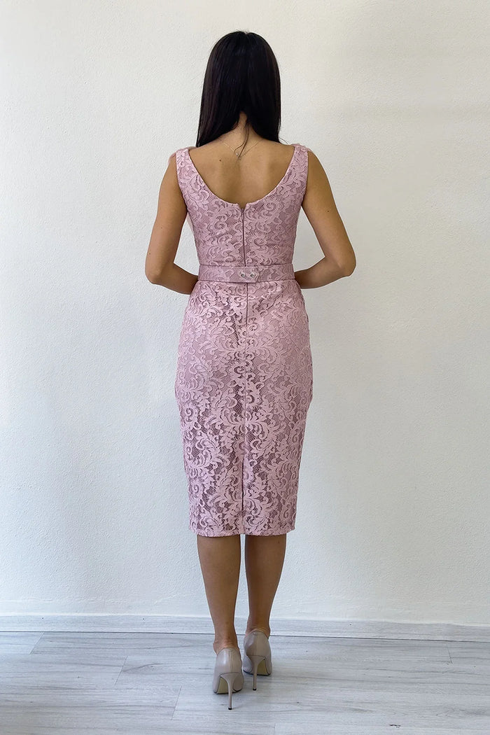 Pudra Dantel Kumaş Tül Detaylı Kemerli Midi Boy Abiye Elbise