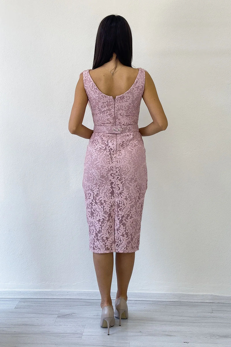 Pudra Dantel Kumaş Tül Detaylı Kemerli Midi Boy Abiye Elbise