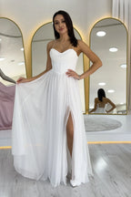 Beyaz Simli Sırt Dekolteli Korse Detay Yırtmaçlı Abiye Elbise