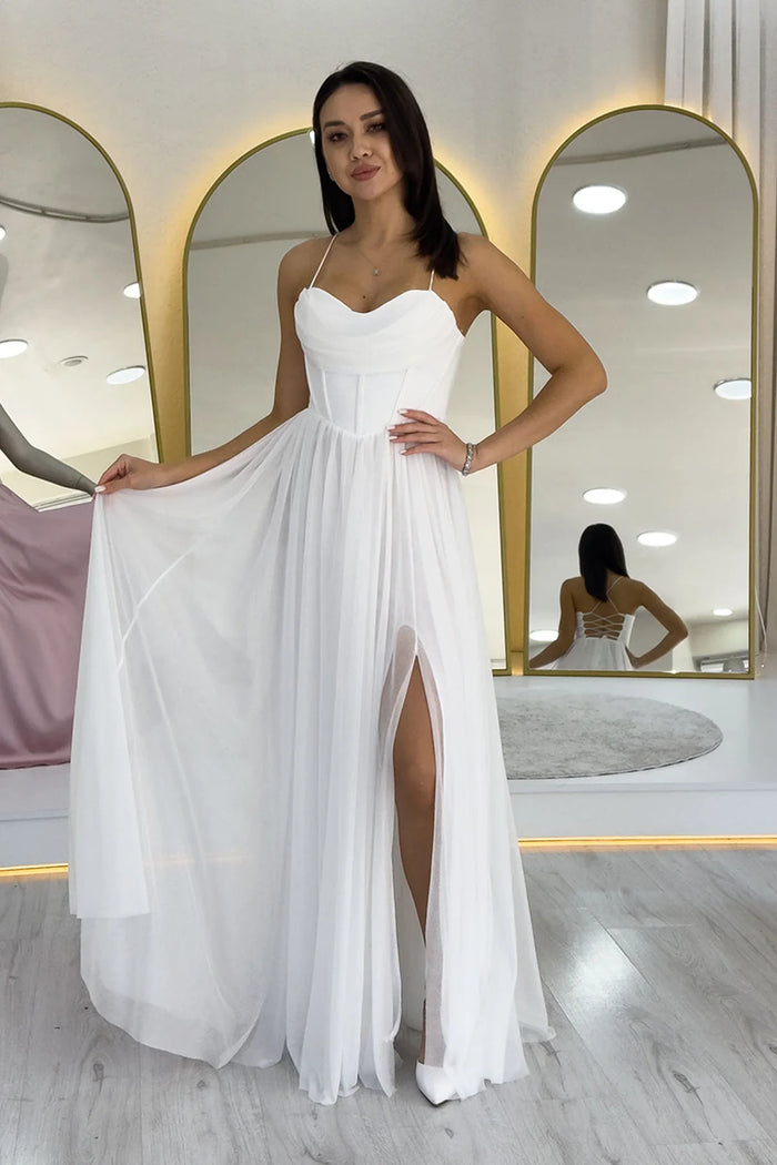 Beyaz Simli Sırt Dekolteli Korse Detay Yırtmaçlı Abiye Elbise