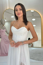 Beyaz Simli Sırt Dekolteli Korse Detay Yırtmaçlı Abiye Elbise