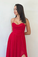 Kırmızı Simli Sırt Dekolteli Korse Detay Yırtmaçlı Abiye Elbise