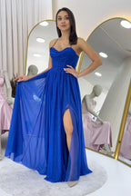 Saks Mavi Simli Sırt Dekolteli Korse Detay Yırtmaçlı Abiye Elbise