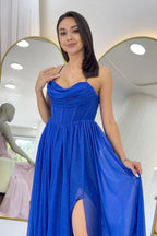 Saks Mavi Simli Sırt Dekolteli Korse Detay Yırtmaçlı Abiye Elbise