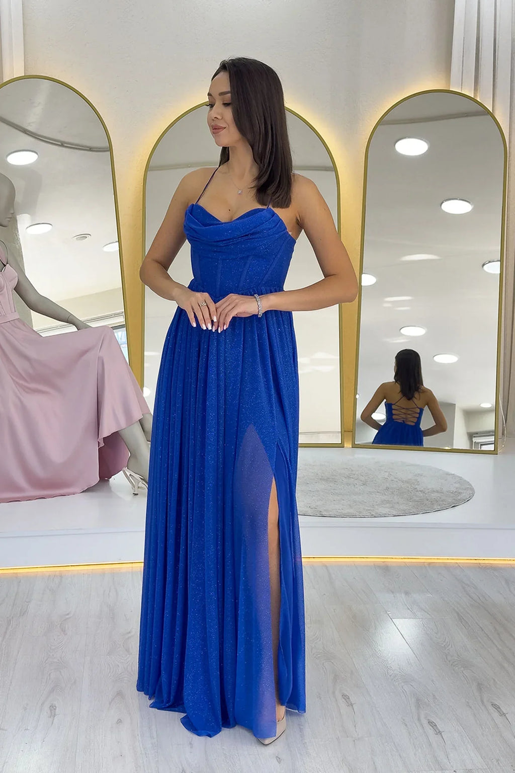 Saks Mavi Simli Sırt Dekolteli Korse Detay Yırtmaçlı Abiye Elbise