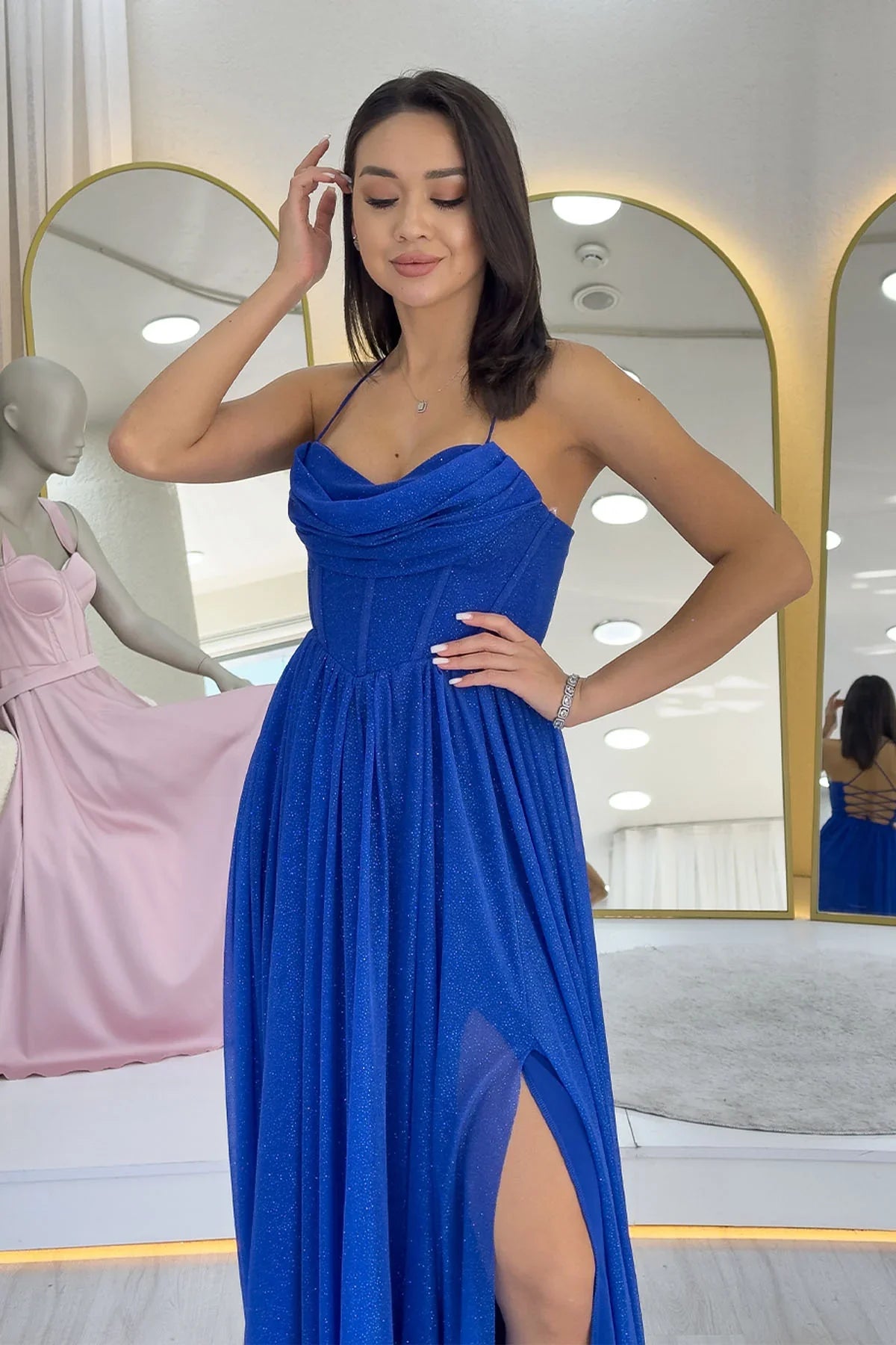 Saks Mavi Simli Sırt Dekolteli Korse Detay Yırtmaçlı Abiye Elbise