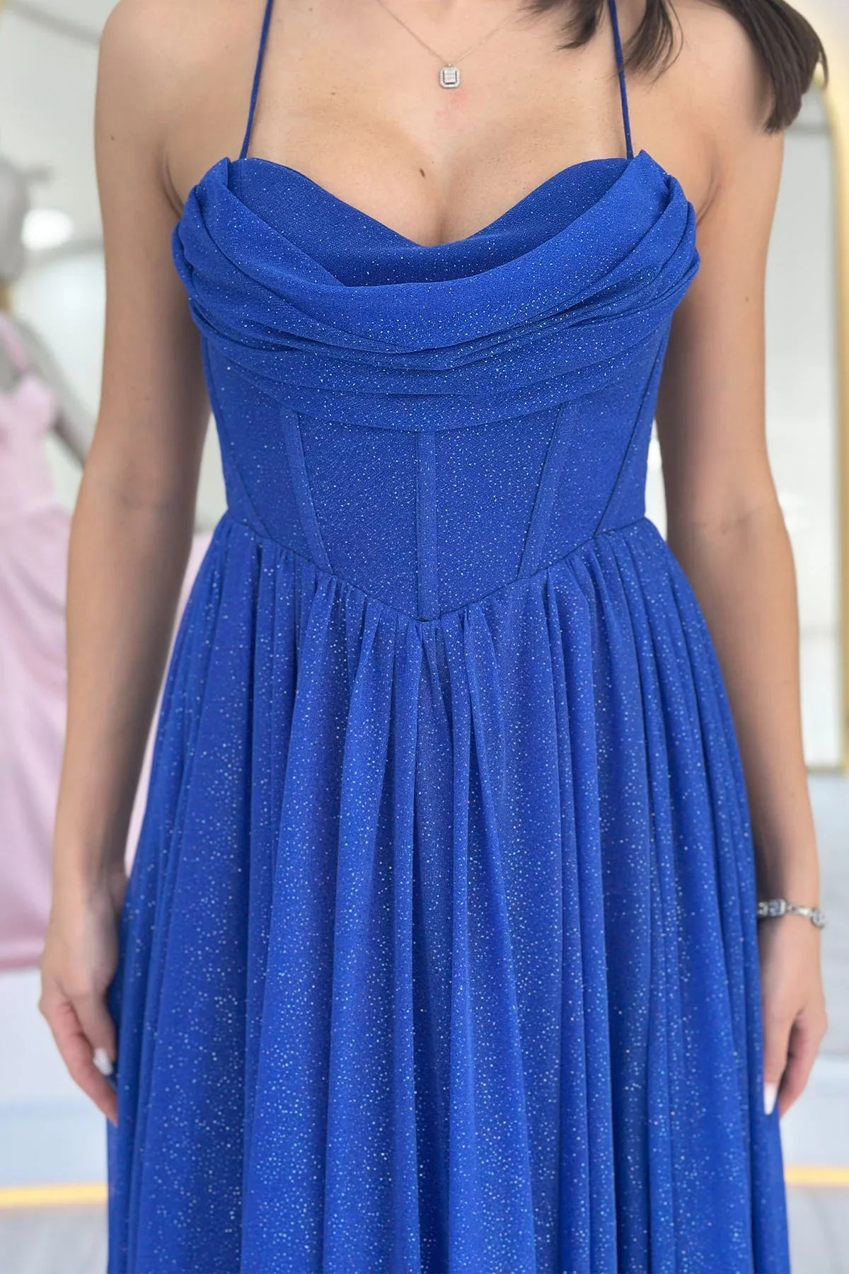 Saks Mavi Simli Sırt Dekolteli Korse Detay Yırtmaçlı Abiye Elbise