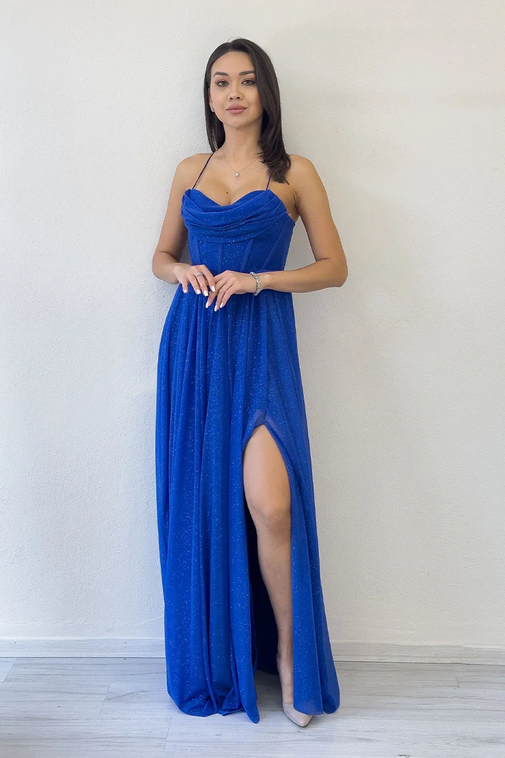 Saks Mavi Simli Sırt Dekolteli Korse Detay Yırtmaçlı Abiye Elbise