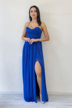 Saks Mavi Simli Sırt Dekolteli Korse Detay Yırtmaçlı Abiye Elbise