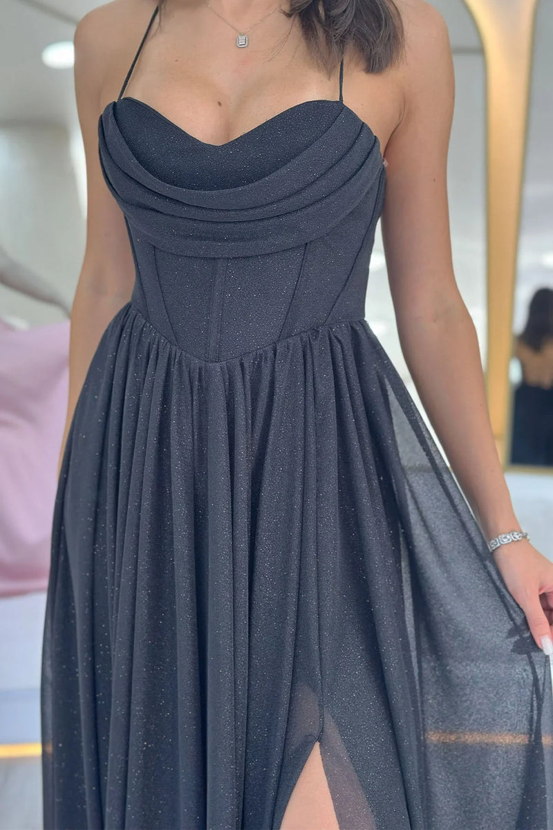 Siyah Simli Sırt Dekolteli Korse Detay Yırtmaçlı Abiye Elbise