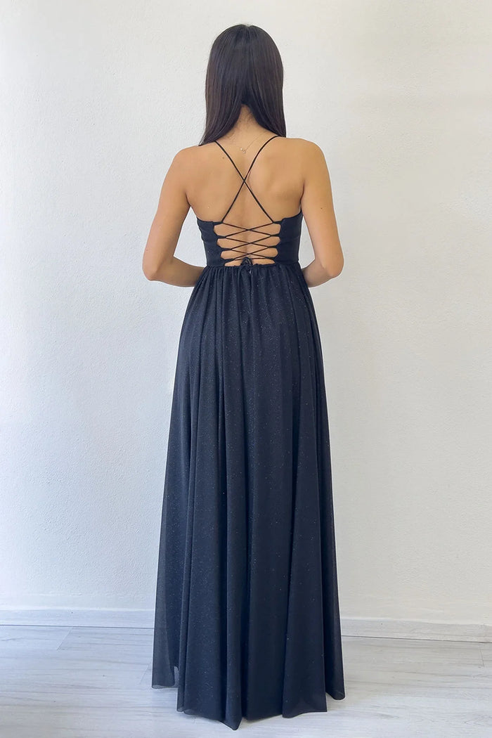 Siyah Simli Sırt Dekolteli Korse Detay Yırtmaçlı Abiye Elbise