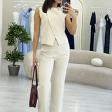 Kadın Bej Çapraz Düğmeli Yelek Pantolon İkili Takım