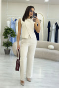 Kadın Bej Çapraz Düğmeli Yelek Pantolon İkili Takım