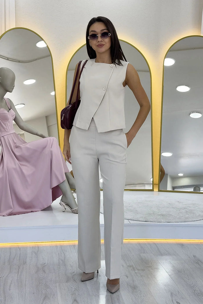 Kadın Bej Çapraz Düğmeli Yelek Pantolon İkili Takım