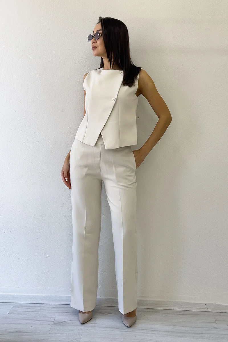 Kadın Bej Çapraz Düğmeli Yelek Pantolon İkili Takım