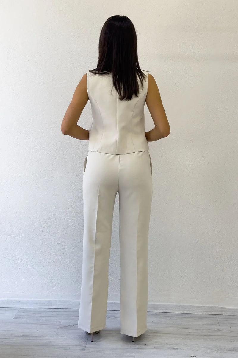 Kadın Bej Çapraz Düğmeli Yelek Pantolon İkili Takım