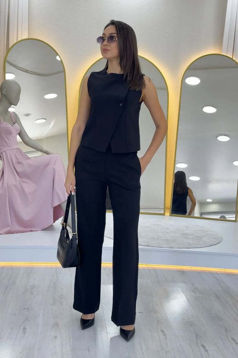 Kadın Siyah Çapraz Düğmeli Yelek Pantolon İkili Takım