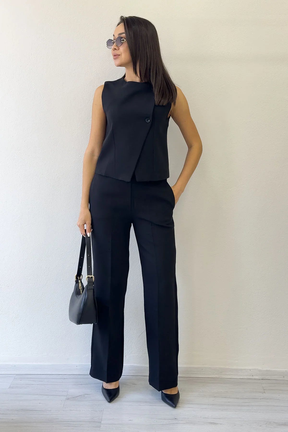 Kadın Siyah Çapraz Düğmeli Yelek Pantolon İkili Takım