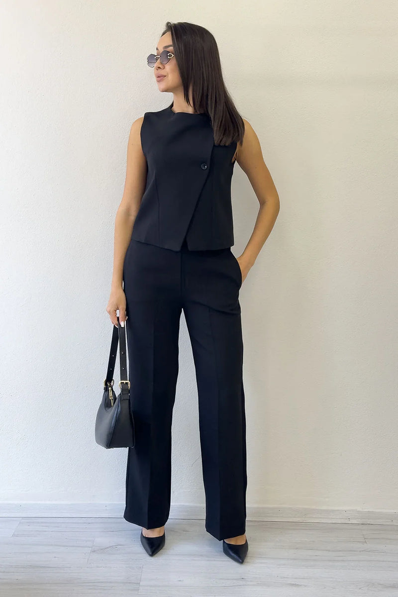 Kadın Siyah Çapraz Düğmeli Yelek Pantolon İkili Takım