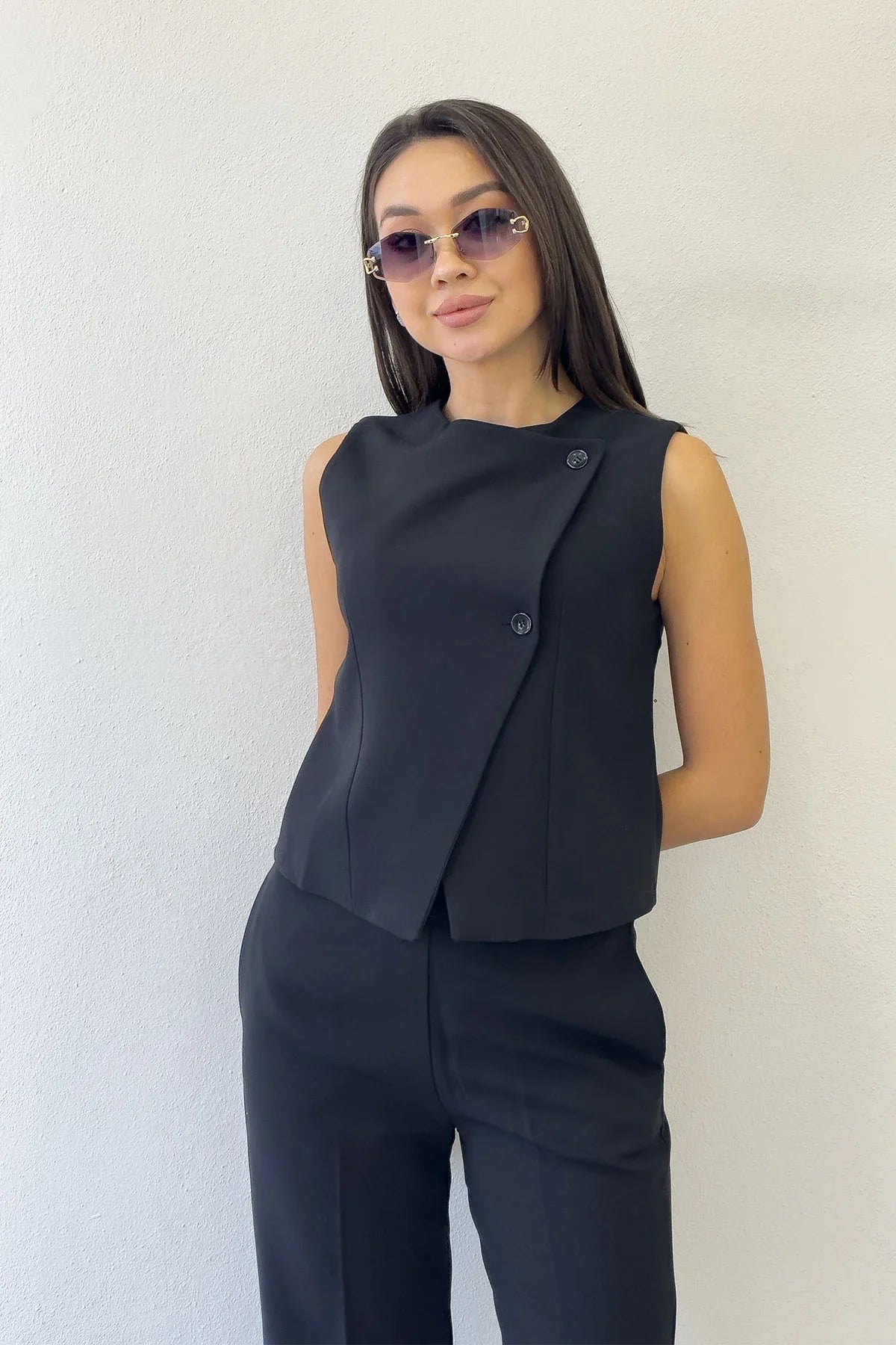 Kadın Siyah Çapraz Düğmeli Yelek Pantolon İkili Takım