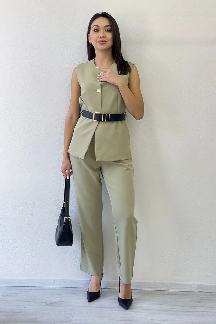 Kadın Haki Bisiklet Yaka Kemerli İkili Alt Üst Takım 