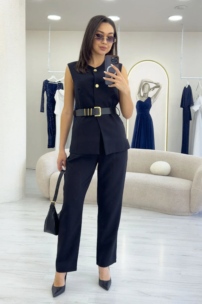 Kadın Siyah Bisiklet Yaka Kemerli İkili Alt Üst Takım 