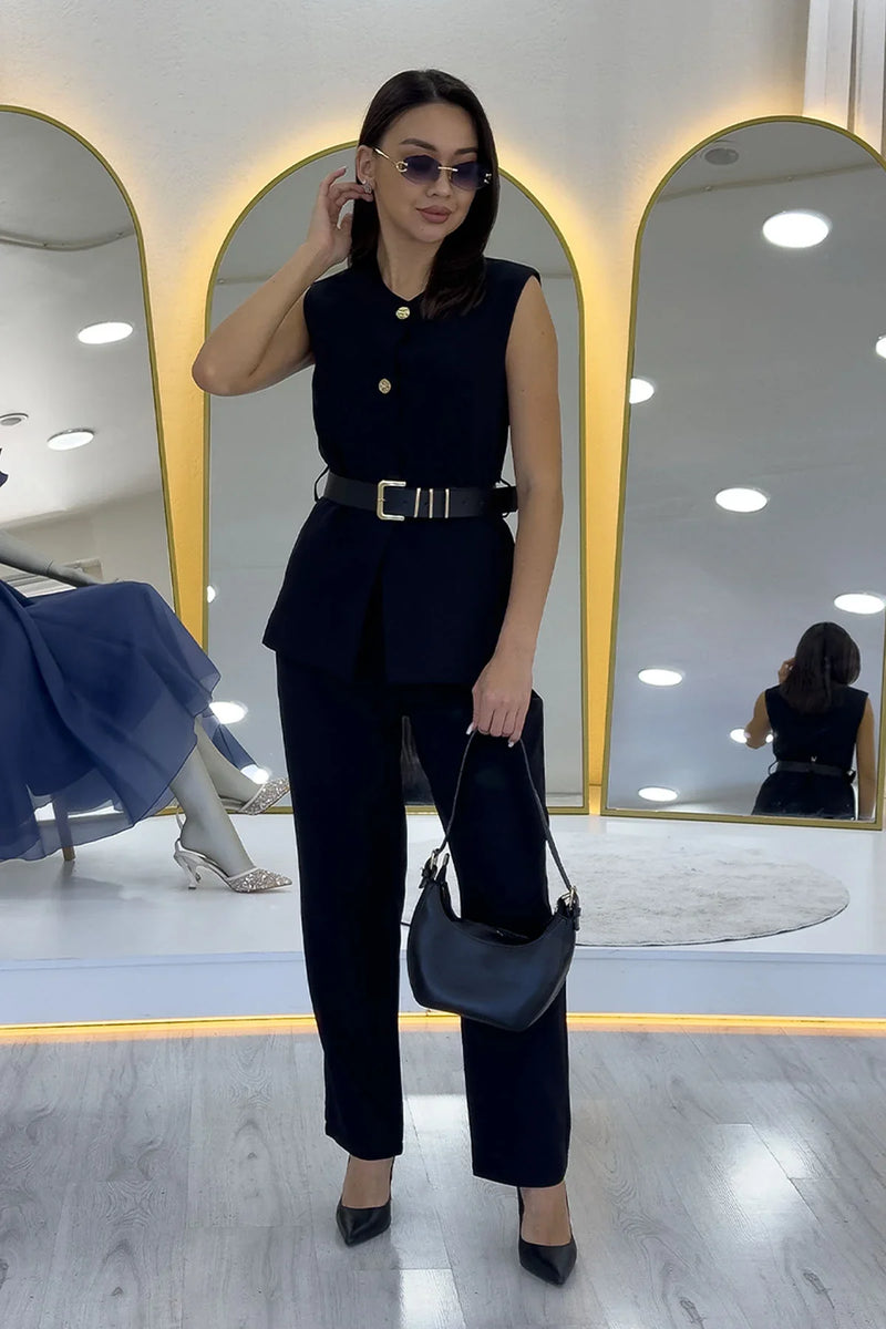 Kadın Siyah Bisiklet Yaka Kemerli İkili Alt Üst Takım 