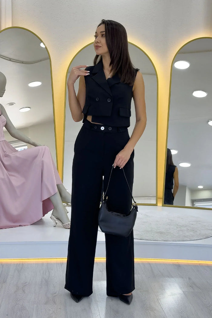 Kadın Siyah Asimetrik Yelek Pantolon İkili Alt Üst Takım 