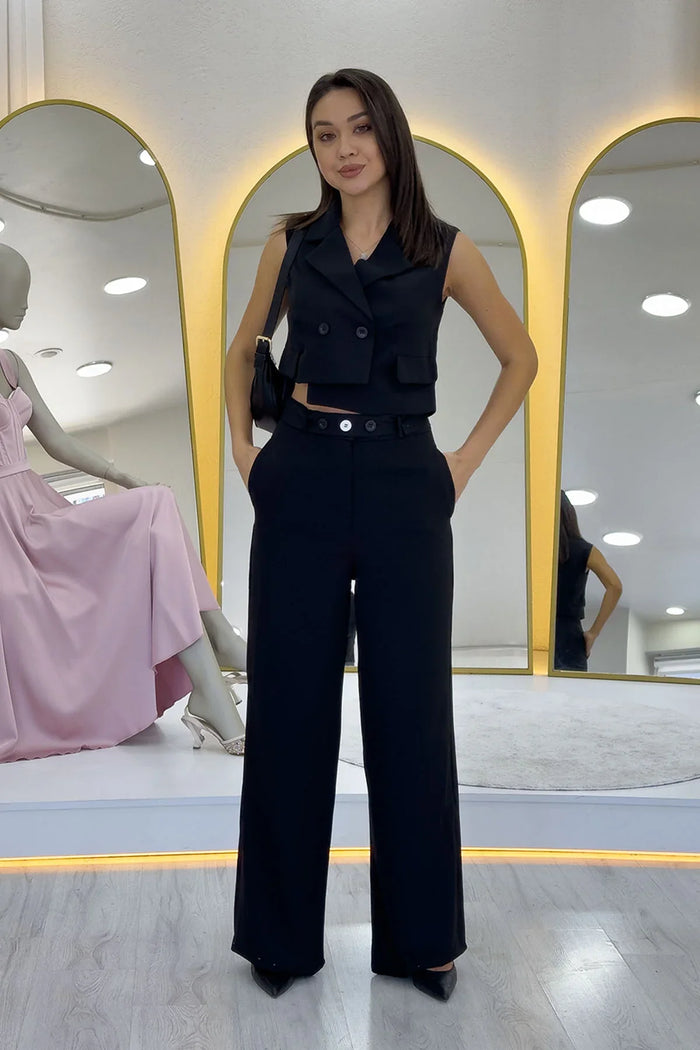 Kadın Siyah Asimetrik Yelek Pantolon İkili Alt Üst Takım 