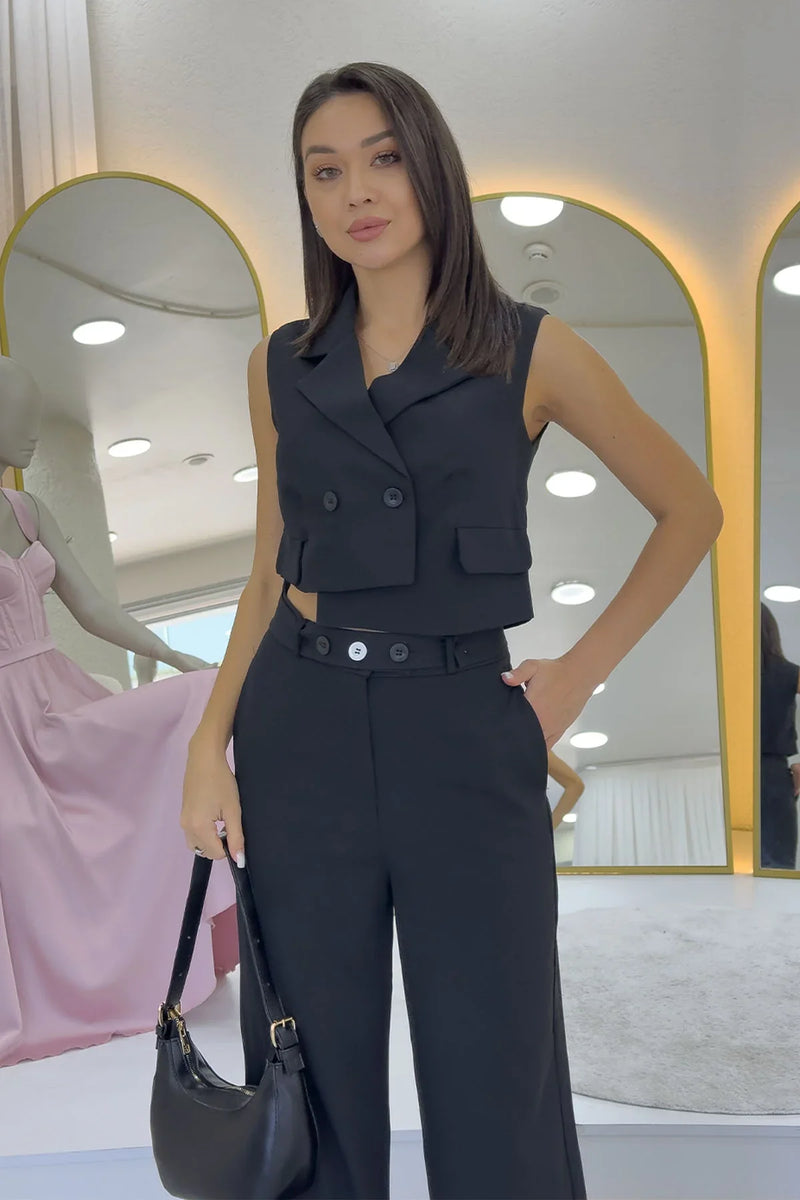 Kadın Siyah Asimetrik Yelek Pantolon İkili Alt Üst Takım 