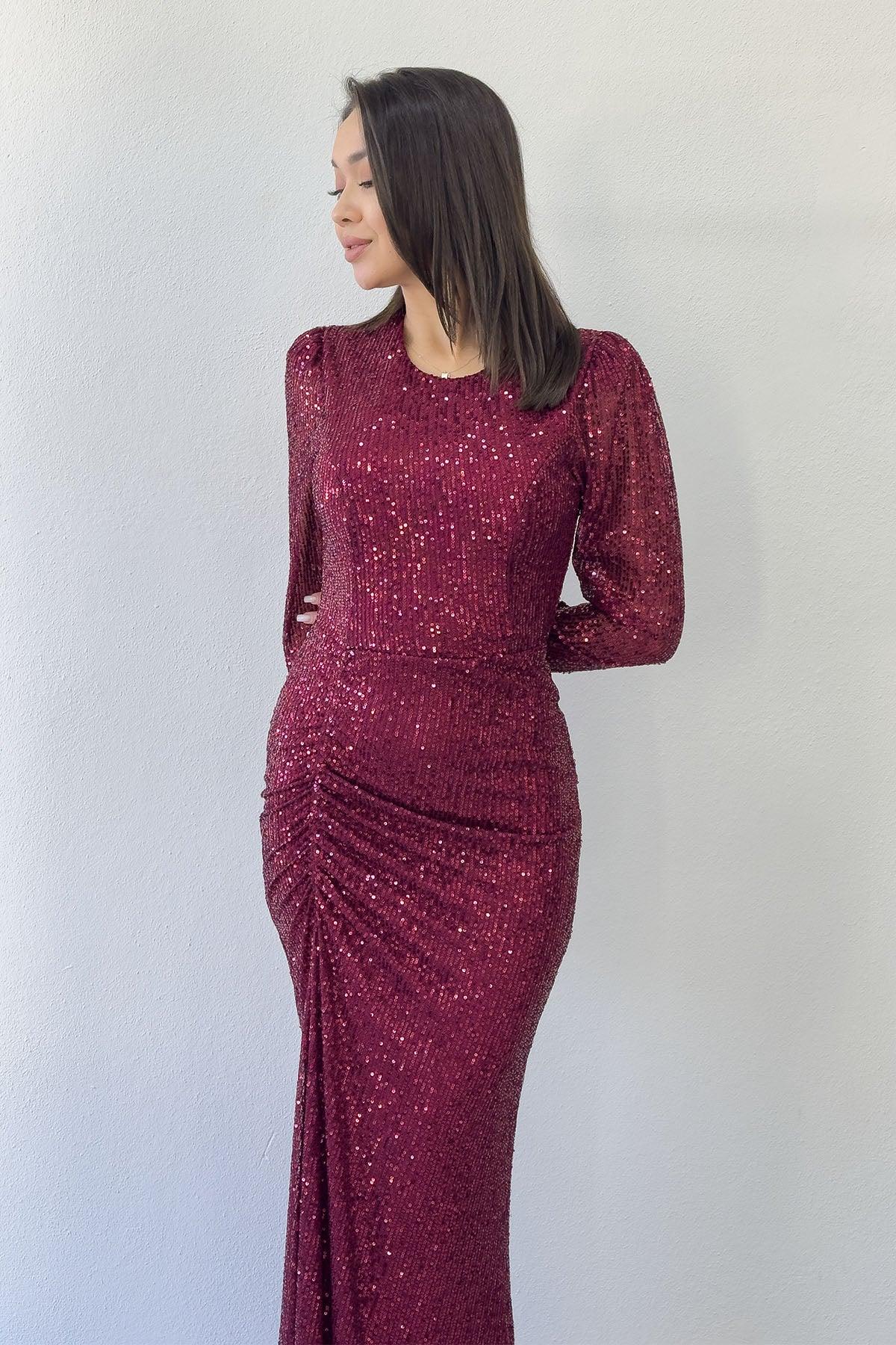 Bordo Uzun Kol Bisiklet Yaka Pul Payet Drapeli Abiye Elbise 