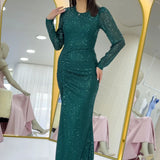 Yeşil Uzun Kol Bisiklet Yaka Pul Payet Drapeli Abiye Elbise