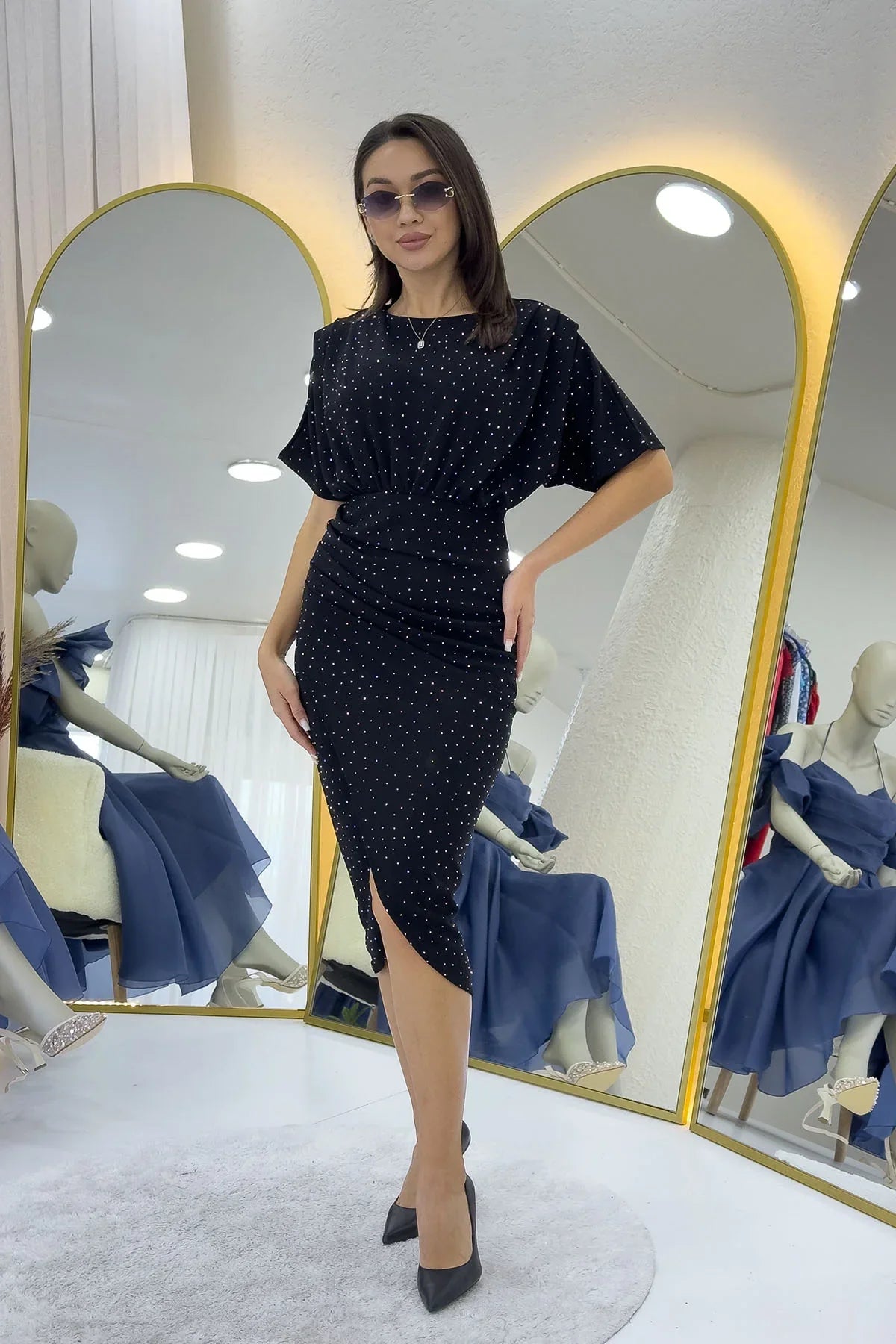 Kadın Siyah Taş Detaylı Yarasa Kol Anvelop Elbise 