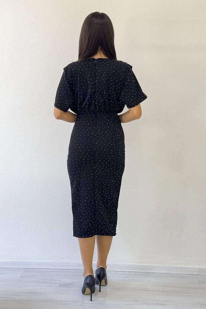 Kadın Siyah Taş Detaylı Yarasa Kol Anvelop Elbise 