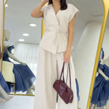 Kadın Krem Bol Paça Dökümlü Bağlamalı Yelek Pantolon İkili Takım