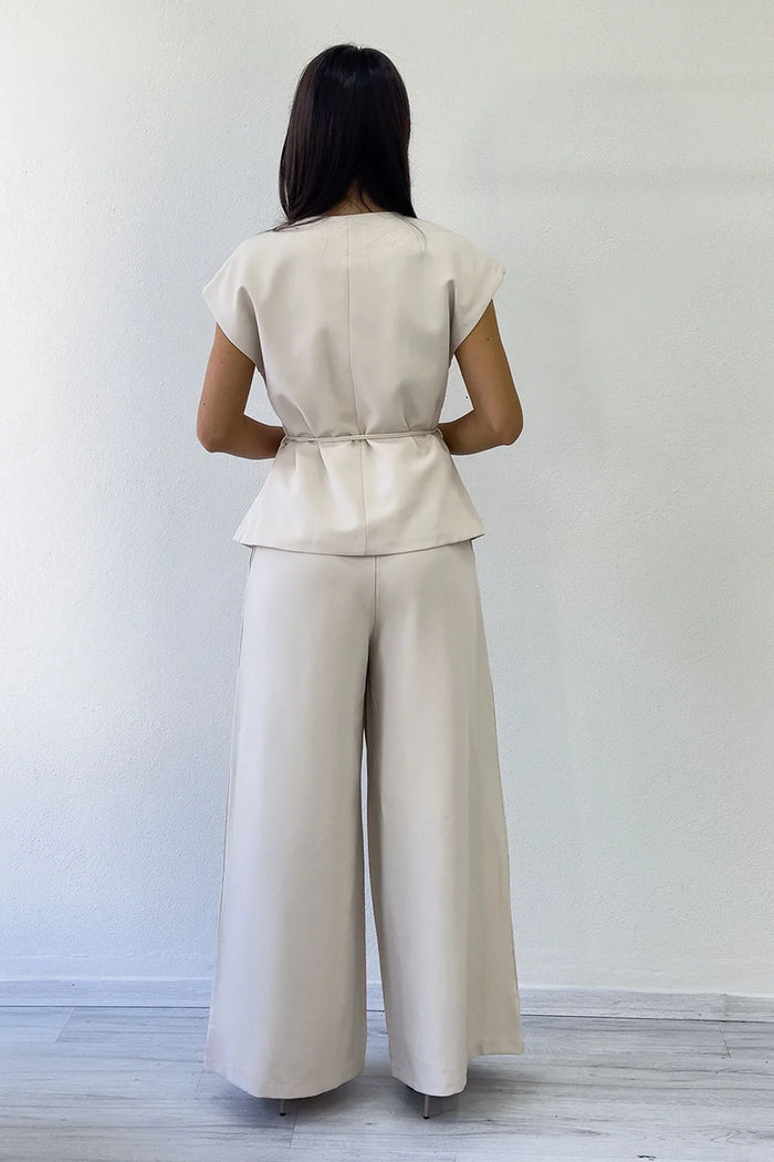 Kadın Krem Bol Paça Dökümlü Bağlamalı Yelek Pantolon İkili Takım 