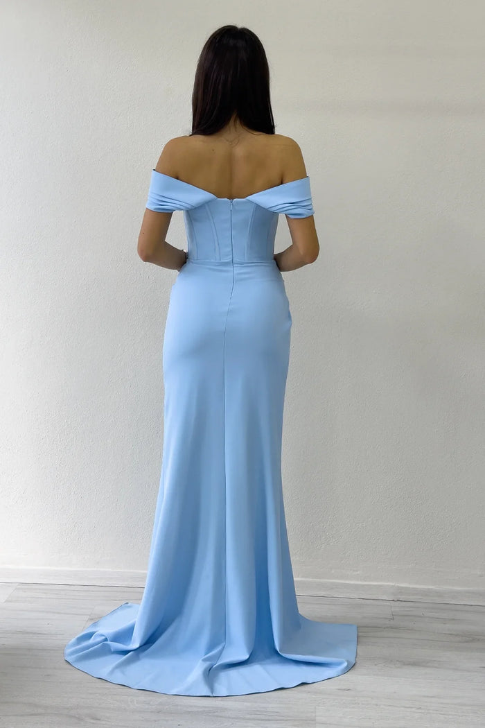 Bebe Mavi Düşük Omuz Korse Detay Drapeli Abiye Elbise 