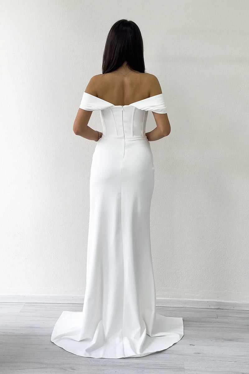 Beyaz Düşük Omuz Korse Detay Drapeli Nikah Abiye Elbise 