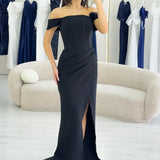 Siyah Düşük Omuz Korse Detay Drapeli Abiye Elbise