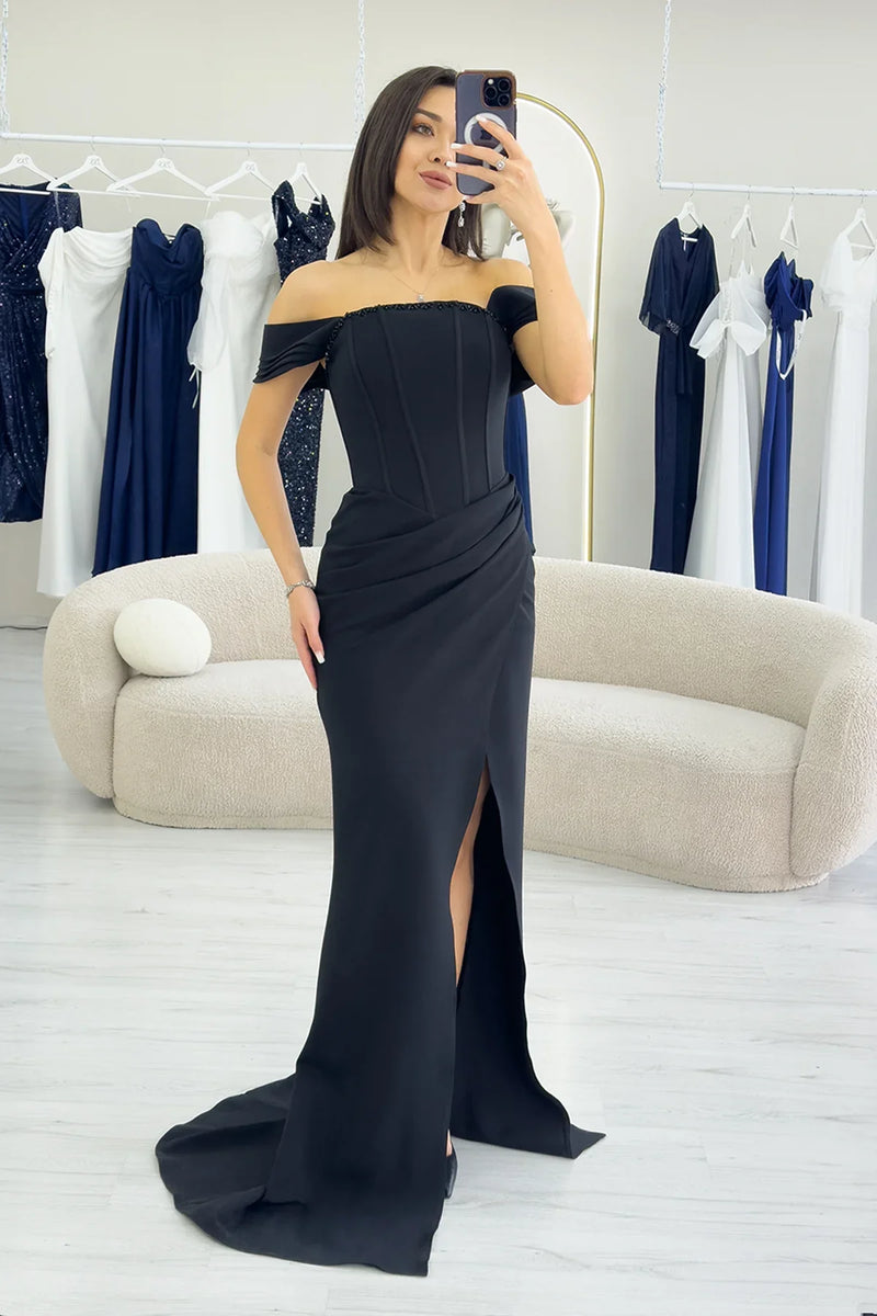 Siyah Düşük Omuz Korse Detay Drapeli Abiye Elbise 