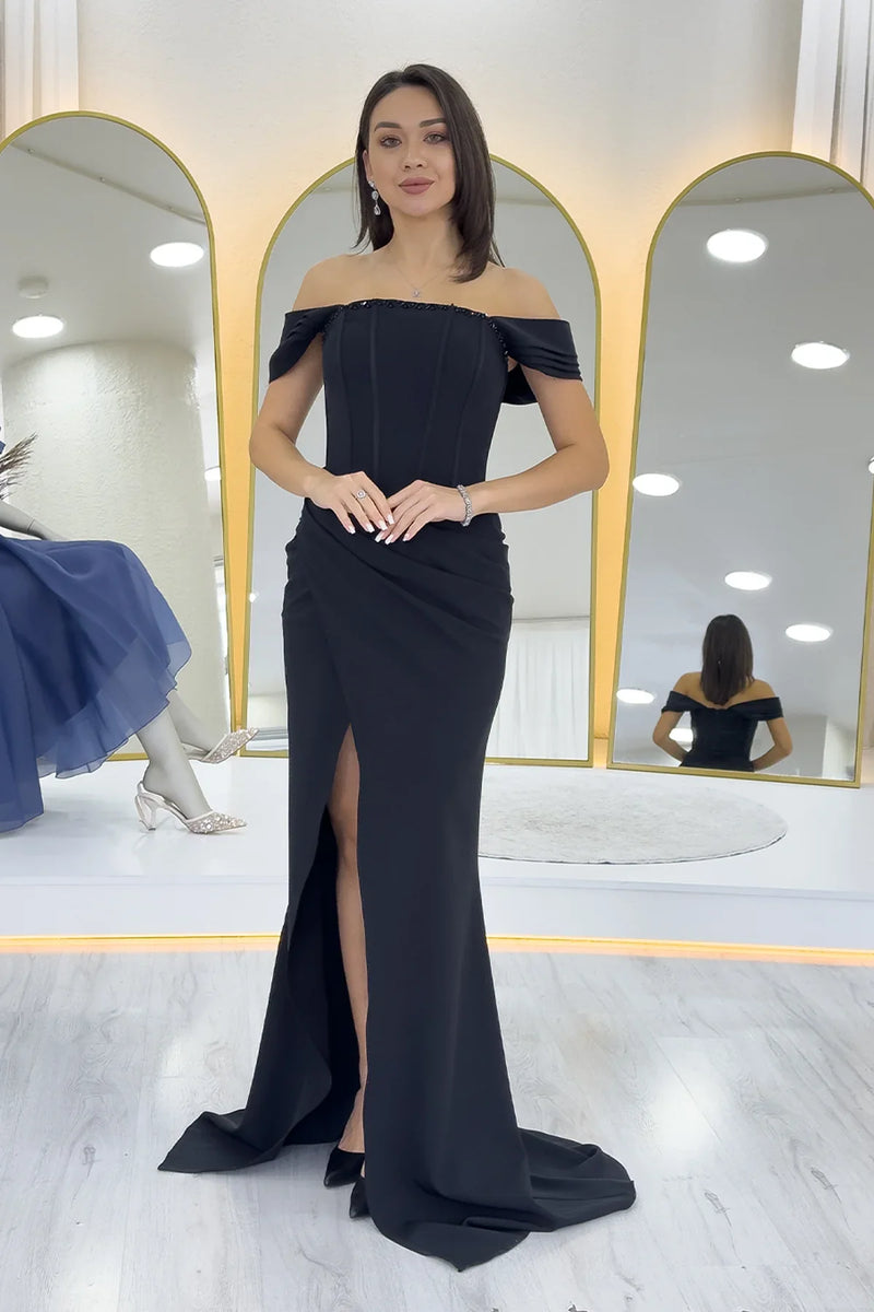 Siyah Düşük Omuz Korse Detay Drapeli Abiye Elbise 