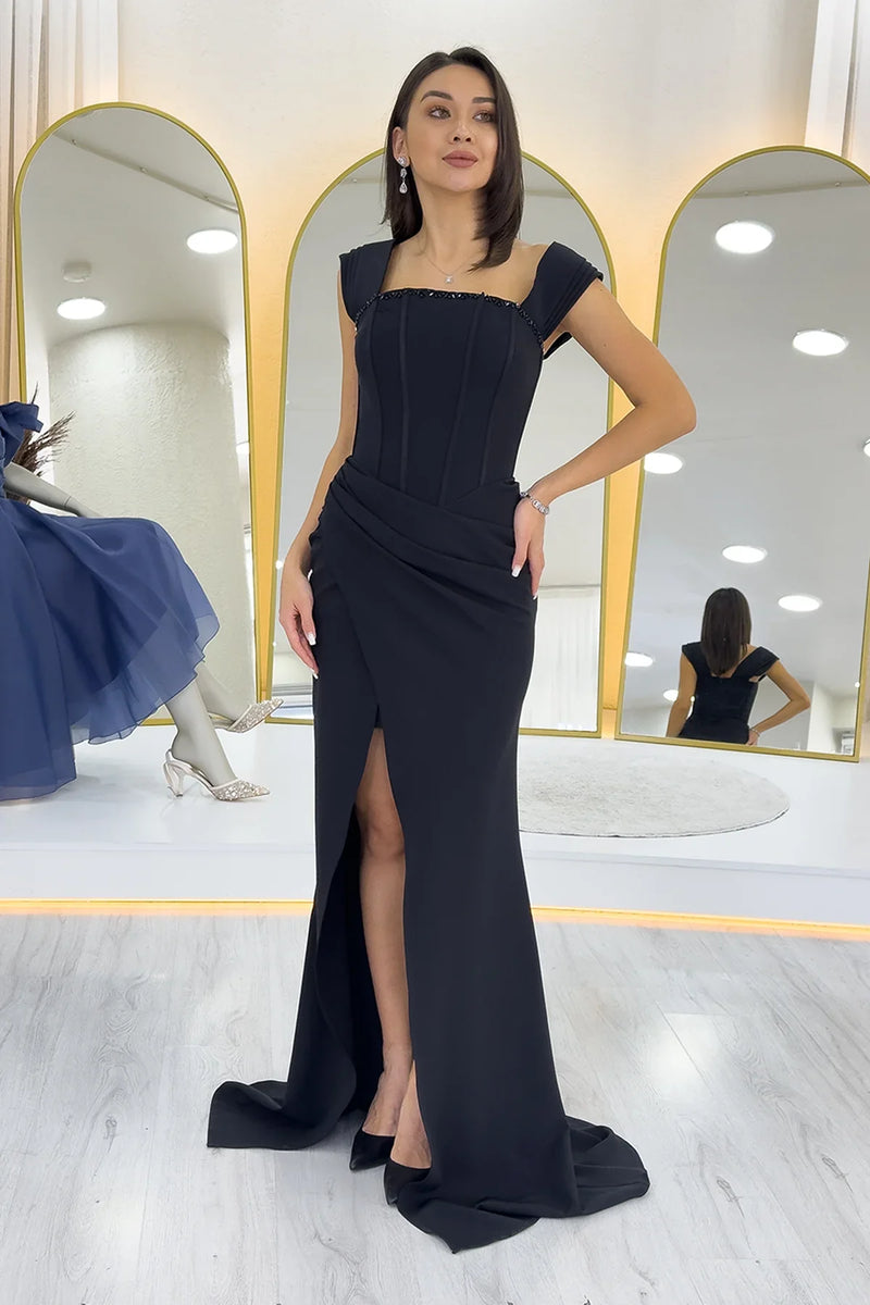 Siyah Düşük Omuz Korse Detay Drapeli Abiye Elbise 