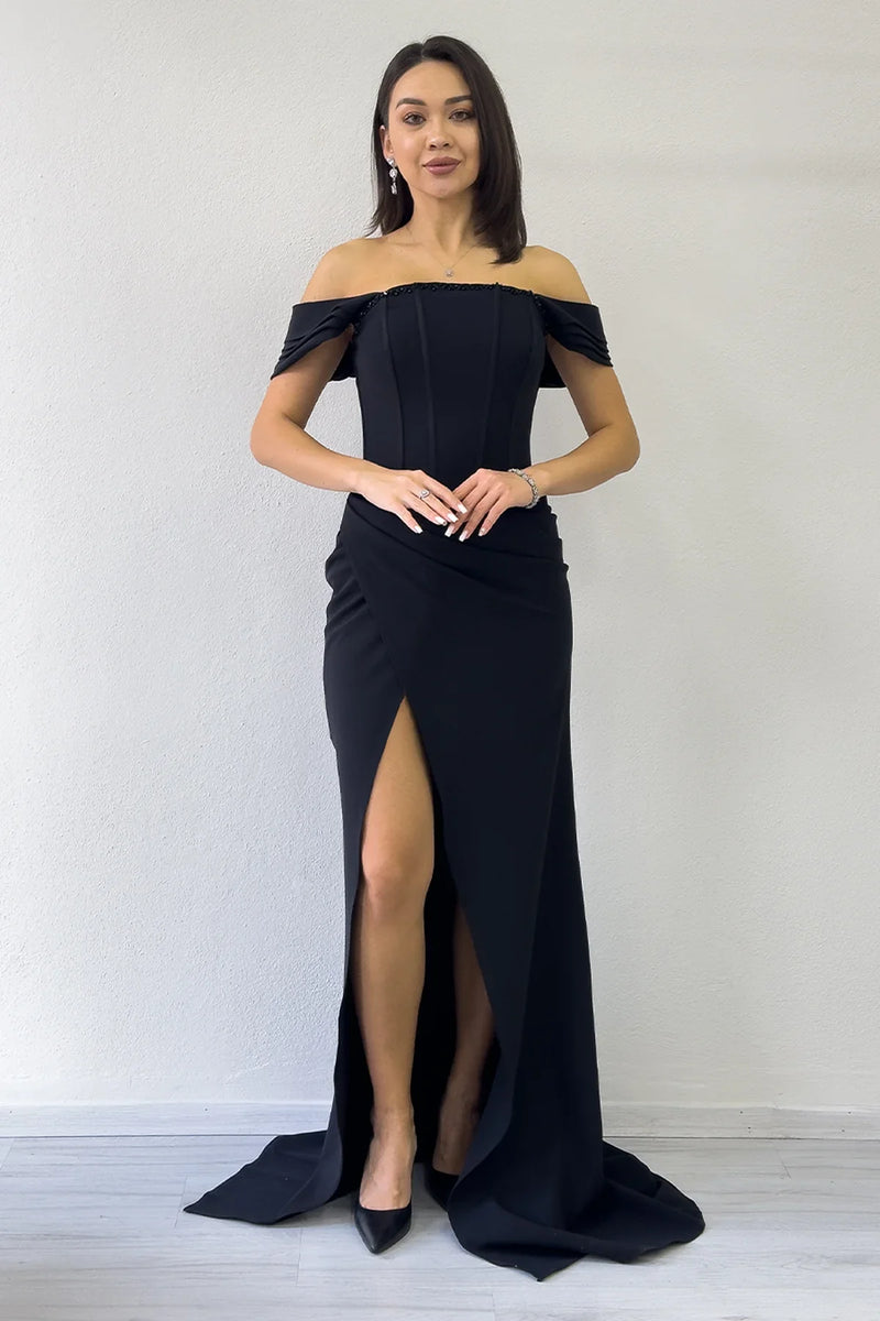 Siyah Düşük Omuz Korse Detay Drapeli Abiye Elbise 