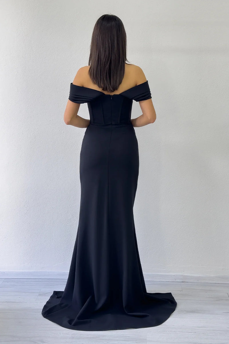 Siyah Düşük Omuz Korse Detay Drapeli Abiye Elbise 