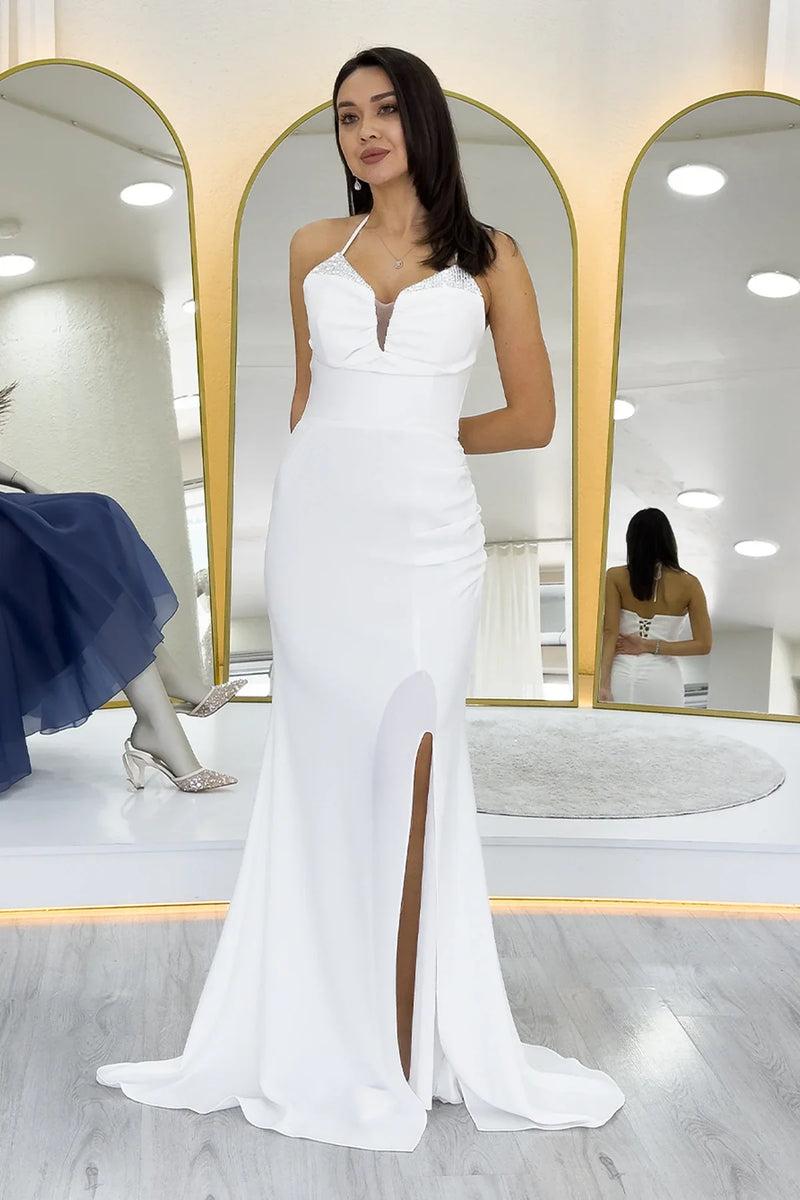 Beyaz Boyundan Bağlamalı Sırt Dekolteli Yırtmaçlı Abiye Elbise 