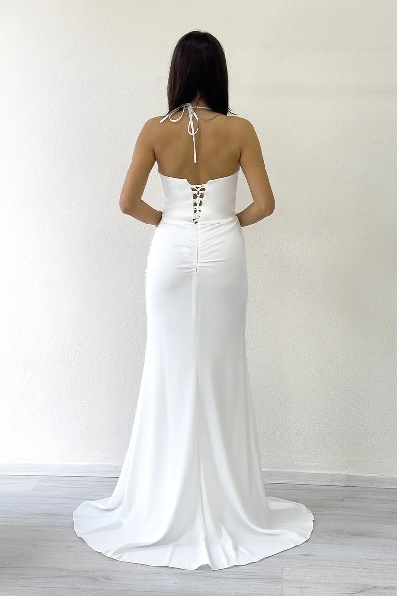 Beyaz Boyundan Bağlamalı Sırt Dekolteli Yırtmaçlı Abiye Elbise 