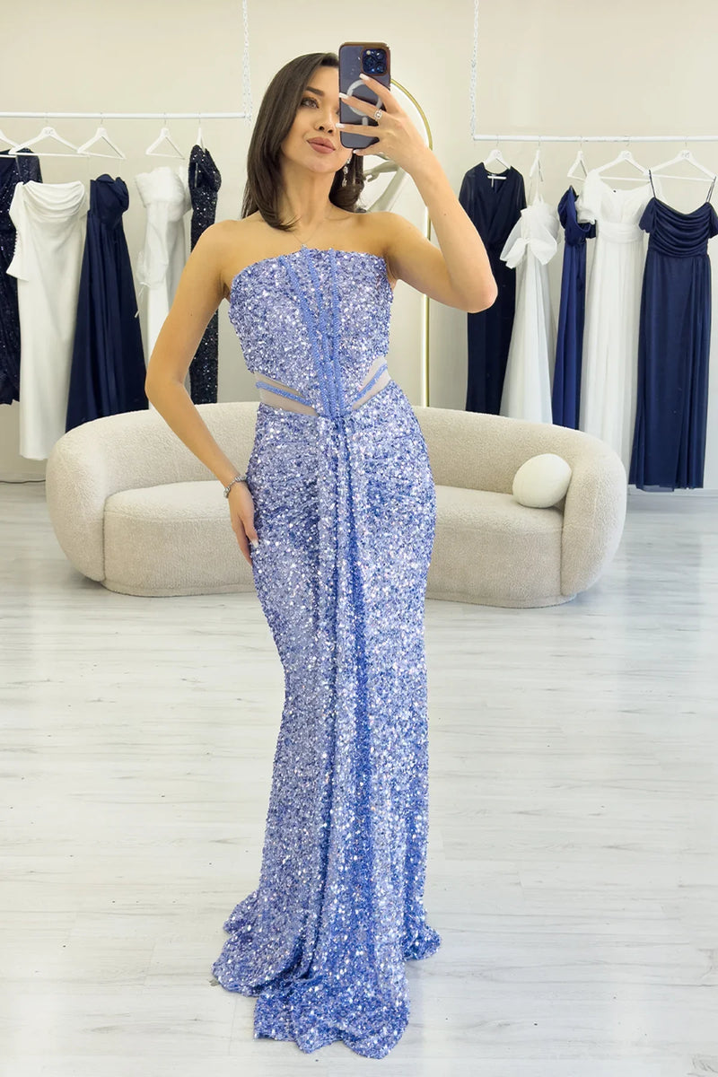 Bebe Mavi Straplez Bel Dekolteli Pul Payet Abiye Elbise