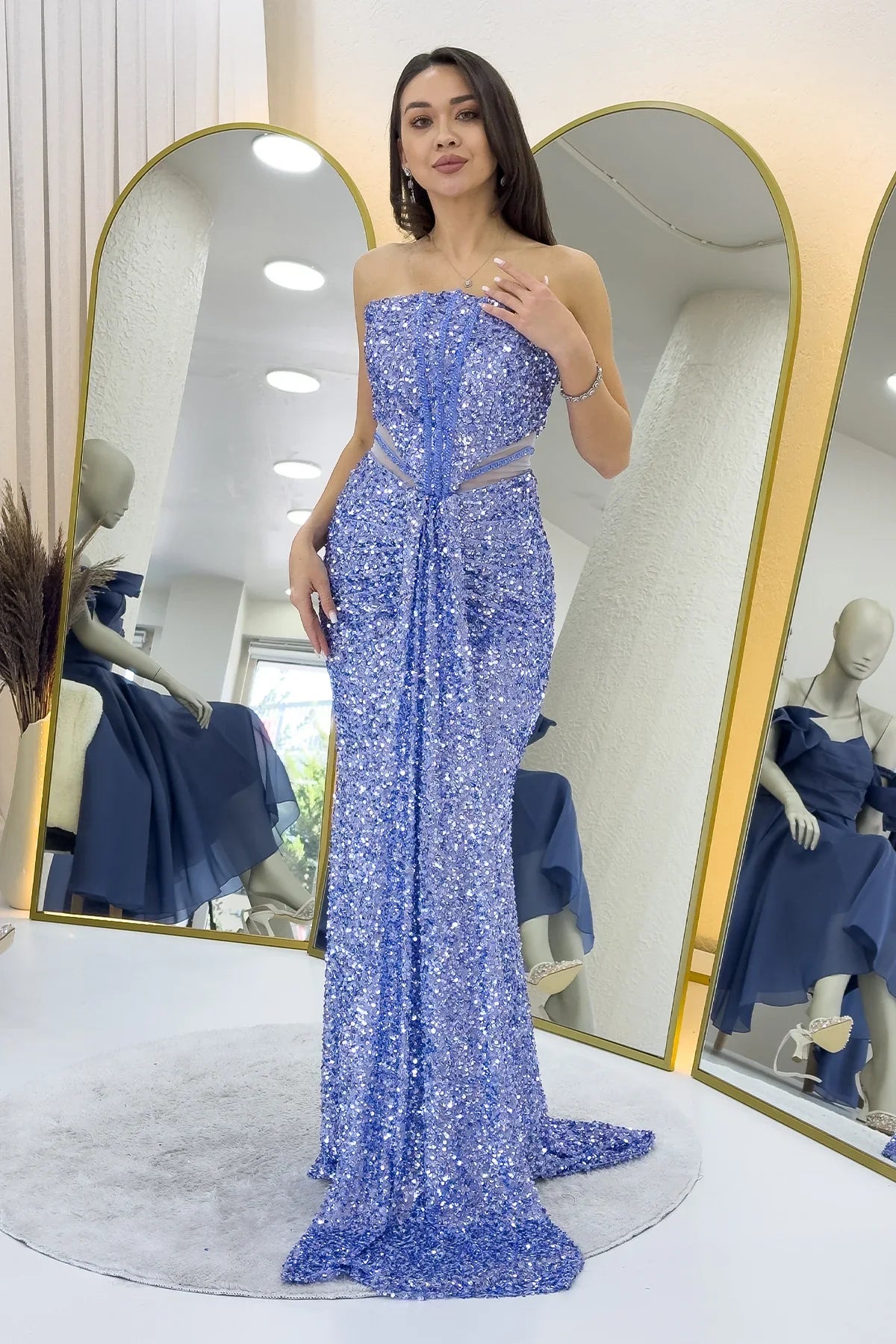 Bebe Mavi Straplez Bel Dekolteli Pul Payet Abiye Elbise