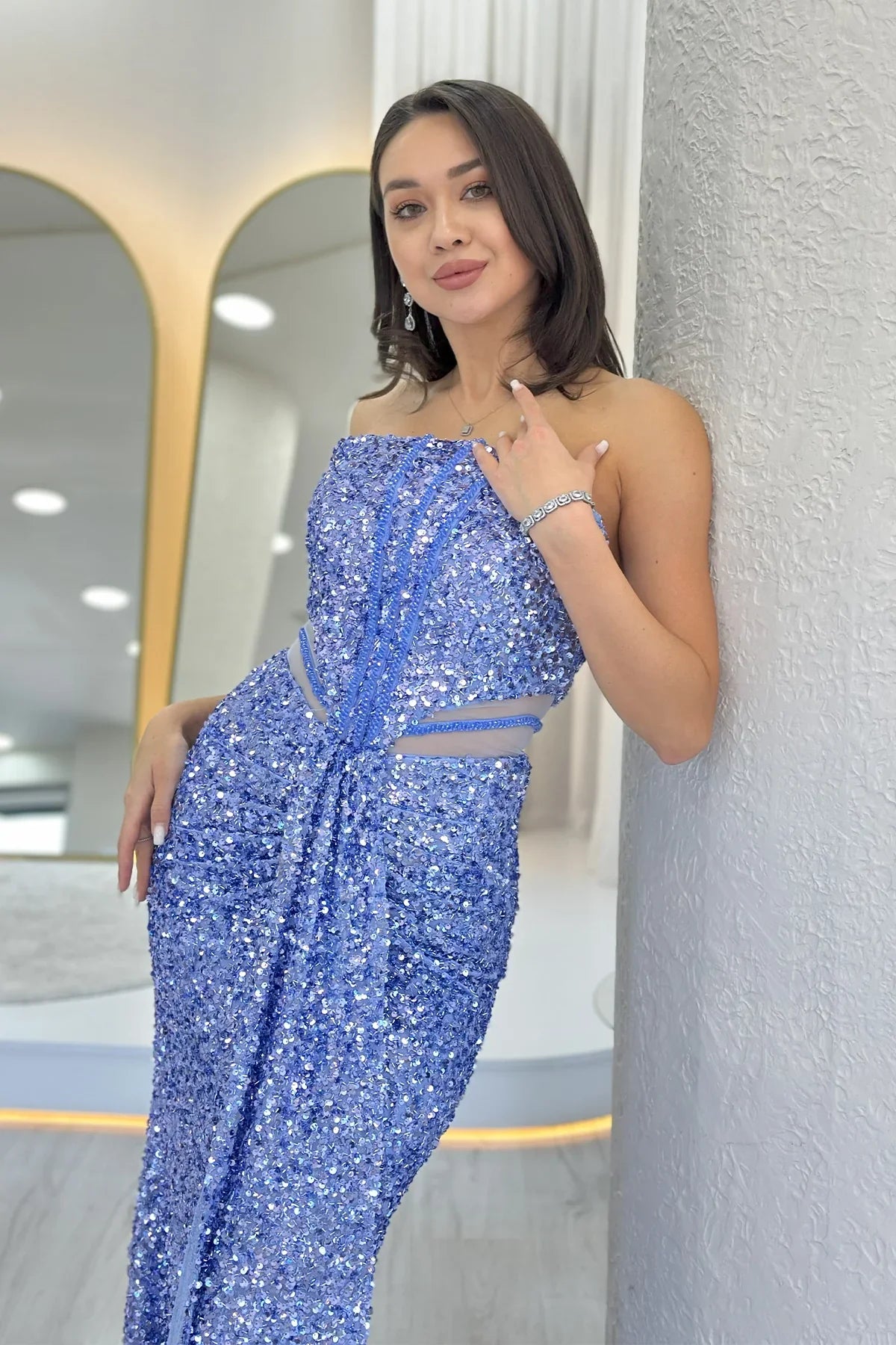 Bebe Mavi Straplez Bel Dekolteli Pul Payet Abiye Elbise